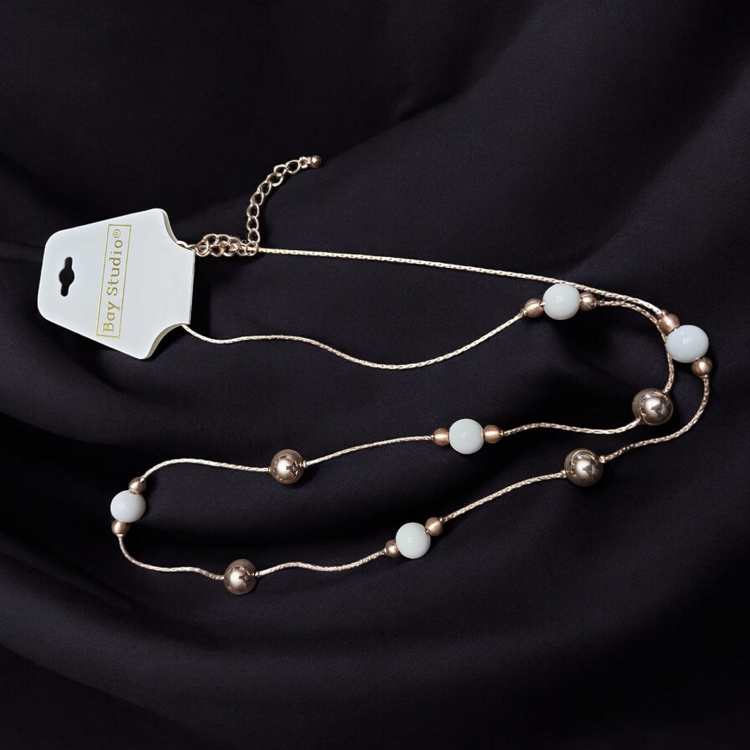 #Elegant Gold And White Beaded Necklace 17